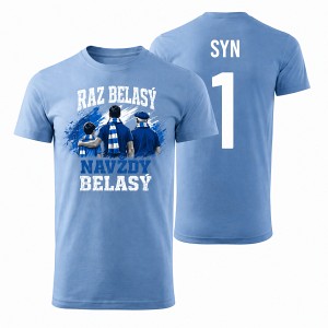 Sky blue t-shirt Raz belasý, Navždy belasý for kids with name and number